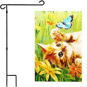G128 Garden Flag Stand & Garden Flag 12x18 in Kitten Butterfly Flowers Double Sided