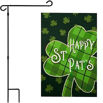 G128 Garden Flag Stand & Garden Flag 12x18 in Happy St. Patrick's Day Plaid Shamrock Double Sided