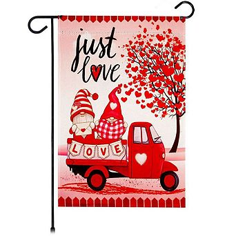 G128 Garden Flag 12x18 in Valentine’s Day Just Love Gnome Truck Printed Blockout Polyester
