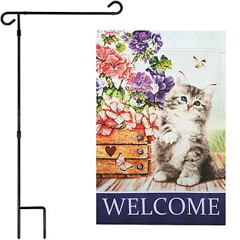 G128 Garden Flag Stand & Garden Flag 12x18 in Welcome Kitten Flowers Double Sided