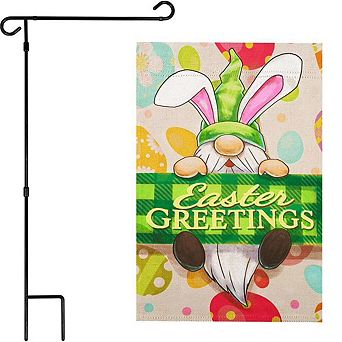 G128 Garden Flag Stand & Garden Flag 12x18 in Happy Easter Gnome Greetings Double Sided