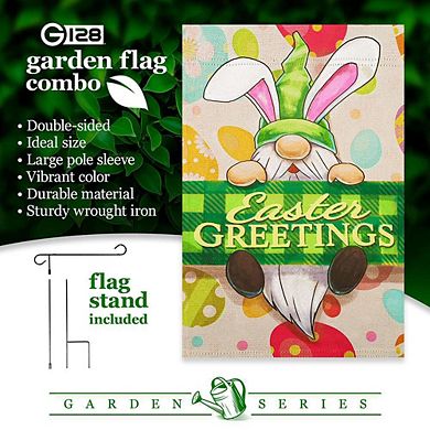 G128 Garden Flag Stand & Garden Flag 12x18 IN Happy Easter Gnome Greetings Double Sided