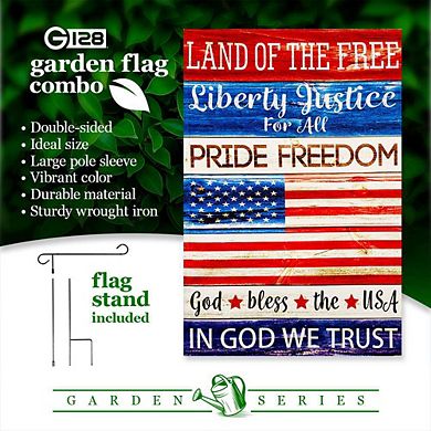 G128 Garden Flag Stand & Garden Flag 12x18 IN Land of the Free Liberty Double Sided