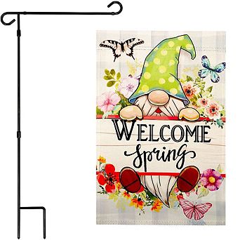 G128 Garden Flag Stand & Garden Flag 12x18 in Welcome Spring Gnome Flowers Double Sided