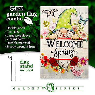 G128 Garden Flag Stand & Garden Flag 12x18 IN Welcome Spring Gnome Flowers Double Sided