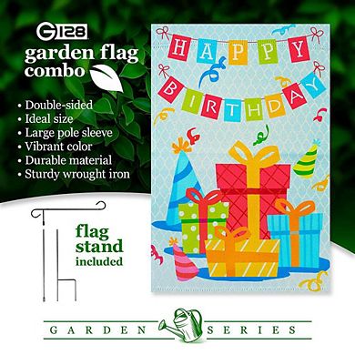 G128 Garden Flag Stand & Garden Flag 12x18 IN Happy Birthday Presents Double Sided