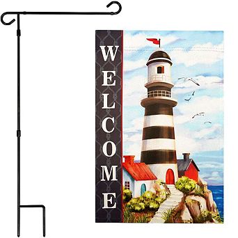 G128 Garden Flag Stand & Garden Flag 12x18 in Welcome Lighthouse Beach Double Sided