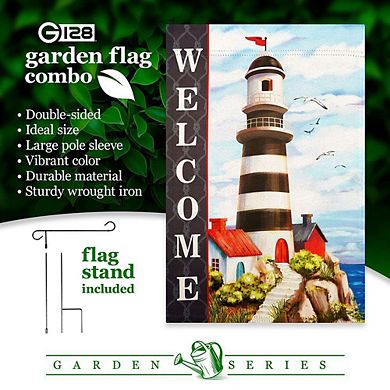 G128 Garden Flag Stand & Garden Flag 12x18 IN Welcome Lighthouse Beach Double Sided
