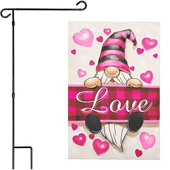 G128 Garden Flag Stand & Garden Flag 12x18 in Happy Valentine's Day Love Gnome Double Sided