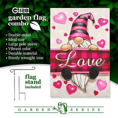 G128 Garden Flag Stand & Garden Flag 12x18 IN Happy Valentine's Day Love Gnome Double Sided