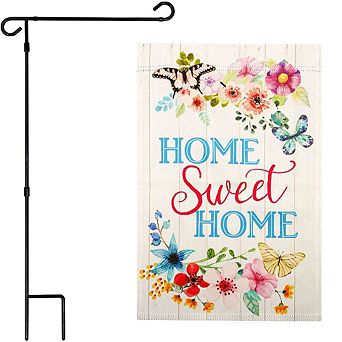 G128 Garden Flag Stand & Garden Flag 12x18 in Home Sweet Home Butterflies Double Sided