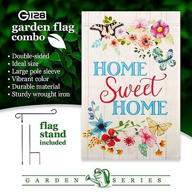 G128 Garden Flag Stand & Garden Flag 12x18 IN Home Sweet Home Butterflies Double Sided