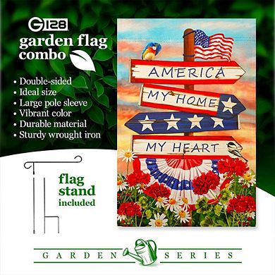 G128 Garden Flag Stand & Garden Flag 12x18 IN America My Home My Heart Double Sided