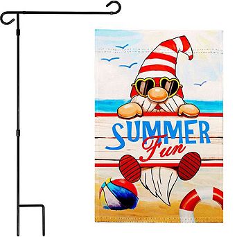 G128 Garden Flag Stand & Garden Flag 12x18 in Summer Fun Gnome Double Sided
