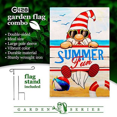 G128 Garden Flag Stand & Garden Flag 12x18 IN Summer Fun Gnome Double Sided