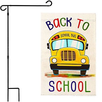 G128 Garden Flag Stand & Garden Flag 12x18 in Back to School Bus Double Sided