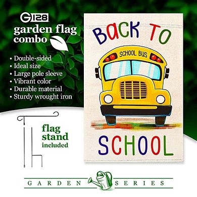 G128 Garden Flag Stand & Garden Flag 12x18 IN Back to School Bus Double Sided