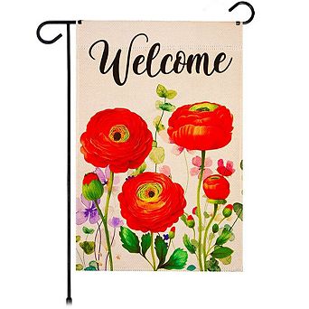 G128 Garden Flag 12x18 in Spring Welcome Red Orange Flowers Printed Blockout Polyester