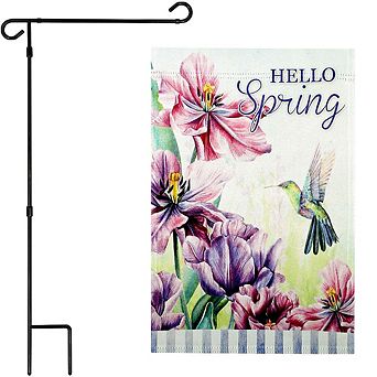 G128 Garden Flag Stand & Garden Flag 12x18 in Hello Spring Hummingbird Double Sided