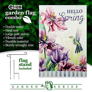 G128 Garden Flag Stand & Garden Flag 12x18 IN Hello Spring Hummingbird Double Sided