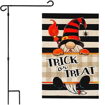 G128 Garden Flag Stand & Garden Flag 12x18 in Halloween Trick Treat Gnome Double Sided