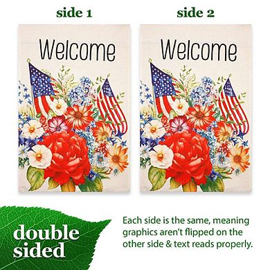 G128 Garden Flag 12x18 Inches Welcome American Flag Flowers Printed Blockout Polyester