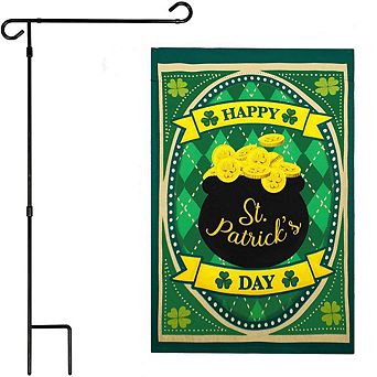 G128 Garden Flag Stand & Garden Flag 12x18 in Happy St. Patrick's Day Pot Gold Double Sided