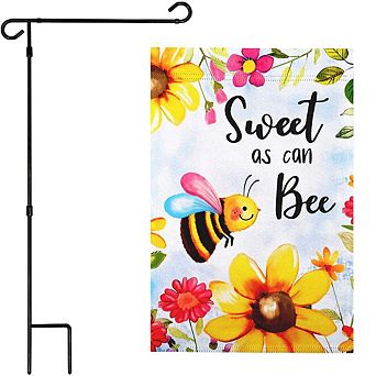 G128 Garden Flag Stand & Garden Flag 12x18 in Sweet Bee Flowers Double Sided
