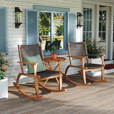Merax 2-Piece Acacia Wood Patio Rocking Chair Set with Wicker Rattan Seat & Backrest