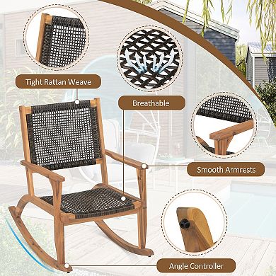 Merax 2-Piece Acacia Wood Patio Rocking Chair Set with Wicker Rattan Seat & Backrest