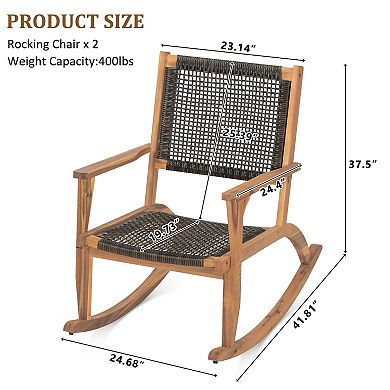 Merax 2-Piece Acacia Wood Patio Rocking Chair Set with Wicker Rattan Seat & Backrest