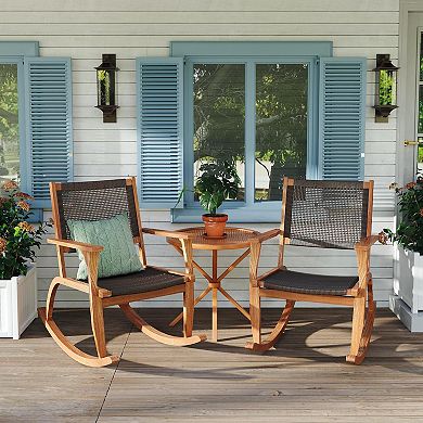 Merax 2-Piece Acacia Wood Patio Rocking Chair Set with Wicker Rattan Seat & Backrest