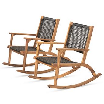 Merax 2 pc Acacia Wood Patio Rocking Chair Set with Wicker Rattan Seat & Backrest