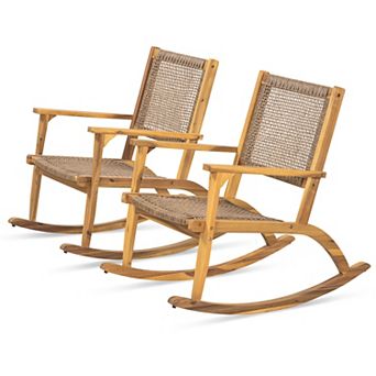 Merax 2 pc Acacia Wood Patio Rocking Chair Set with Wicker Rattan Seat & Backrest