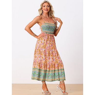 2 Packs Boho Floral Dresses for Women Summer Spaghetti Strap A-Line Flowy Smocked Maxi Dress