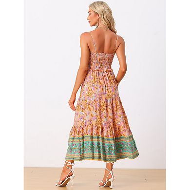 2 Packs Boho Floral Dresses for Women Summer Spaghetti Strap A-Line Flowy Smocked Maxi Dress