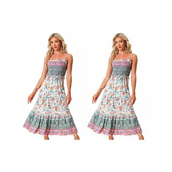 2 Packs Boho Floral Dresses for Women Summer Spaghetti Strap A-Line Flowy Smocked Maxi Dress