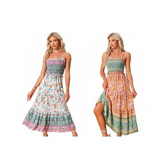 2 Packs Boho Floral Dresses for Women Summer Spaghetti Strap A-Line Flowy Smocked Maxi Dress