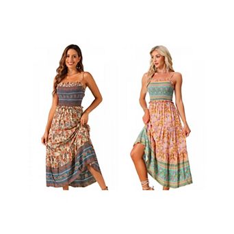 2 Packs Boho Floral Dresses for Women Summer Spaghetti Strap A-Line Flowy Smocked Maxi Dress