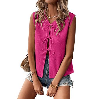 Women Vest Sleeveless Tie Front V Neck Tank Top Solid Casual Lace Up Knit Sweater Vest Top