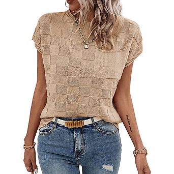 Womens Cap Sleeve Sweater Tops Sleeveless Knit Crew Neck Tank Top Lightweight Pullover T Shirts