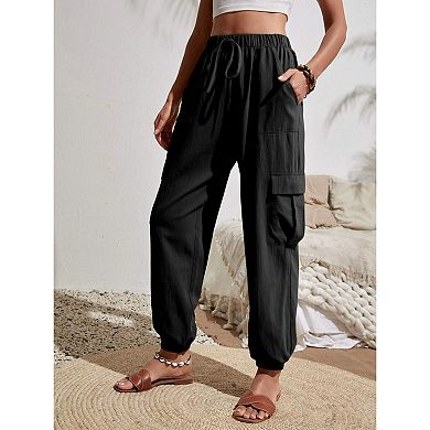 Women's Casual Pants Drawstring Elastic Waist Pants with Pockets Fashion Trousers
