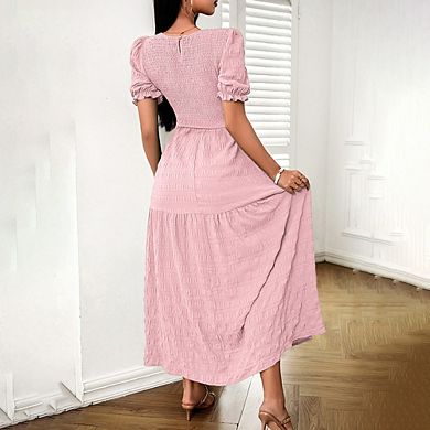 Women's Summer Crew Neck Short Sleeve Smocked Dress Casual Elastic Waist Tiered A Line Maxi Dress