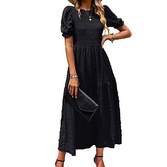 Women's Summer Crew Neck Short Sleeve Smocked Dress Casual Elastic Waist Tiered A Line Maxi Dress