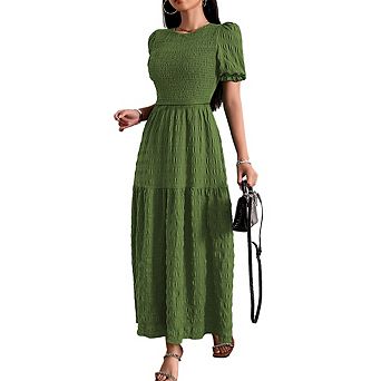 Women's Summer Crew Neck Short Sleeve Smocked Dress Casual Elastic Waist Tiered A Line Maxi Dress