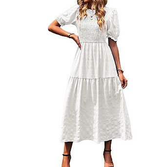 Women's Summer Crew Neck Short Sleeve Smocked Dress Casual Elastic Waist Tiered A Line Maxi Dress