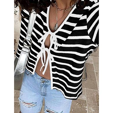 Women's Long Sleeve Striped Cardigan Sweaters Button Down Cable Knit Tie Front Classy Outerwear