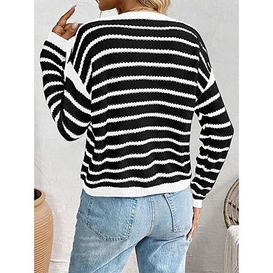 Women's Long Sleeve Striped Cardigan Sweaters Button Down Cable Knit Tie Front Classy Outerwear