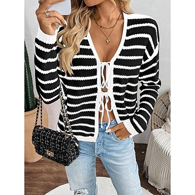Women's Long Sleeve Striped Cardigan Sweaters Button Down Cable Knit Tie Front Classy Outerwear