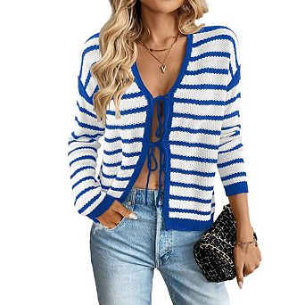 Women's Long Sleeve Striped Cardigan Sweaters Button Down Cable Knit Tie Front Classy Outerwear